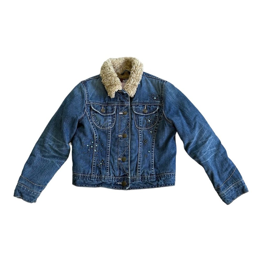 Authentic Gap Short Waisted Girls Jean Jacket Sz 8 Med Studded Fleece Lined